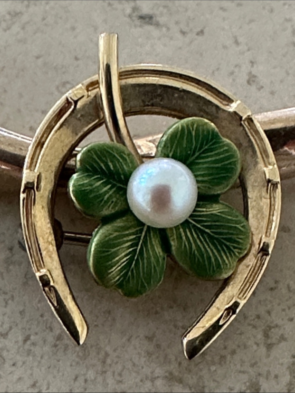 Krementz Vintage Horseshoe Brooch with Green Enamel Clover and Pearl